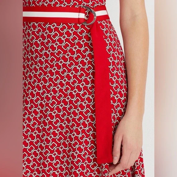 Lauren Ralph Lauren Red and White Chain Link Patterned Belted Midi Dress - Picture 2 of 11